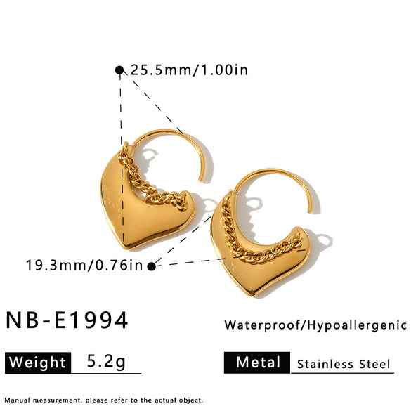 Women’s 18K Gold Plated Stainless Steel Heart Chain Earrings With Geometric Style And Vacuum Electroplated Finish