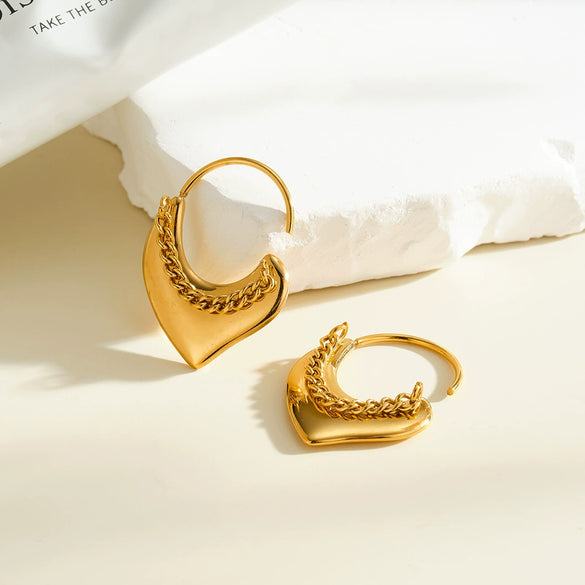 Women’s 18K Gold Plated Stainless Steel Heart Chain Earrings With Geometric Style And Vacuum Electroplated Finish
