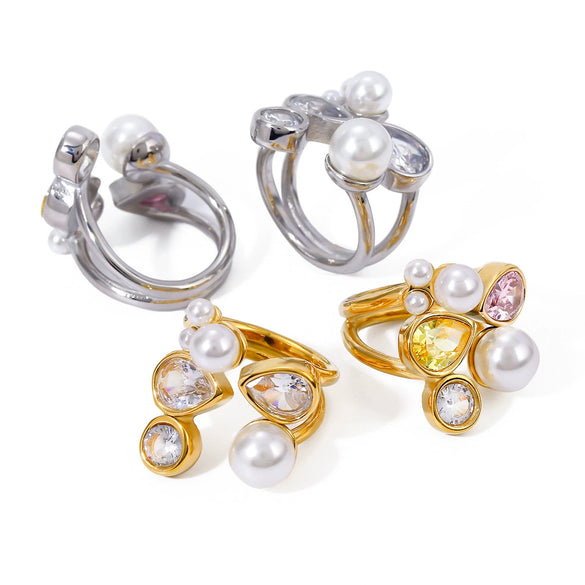 Women's 18K Gold Plated Stainless Steel Irregular Ring With White Zircon And Imitation Pearl Electroplated Opening Titanium Steel Ring
