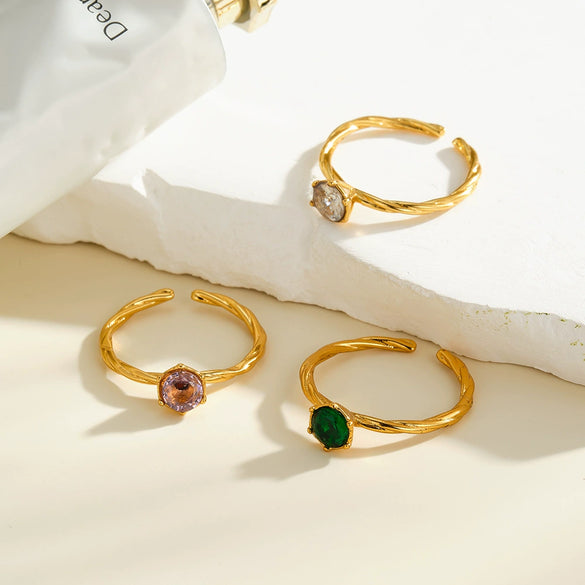 Women's 18K Gold Vacuum Plated Stainless Steel Adjustable Geometric Ring With Zircon Inlay Simple Fashion Jewelry
