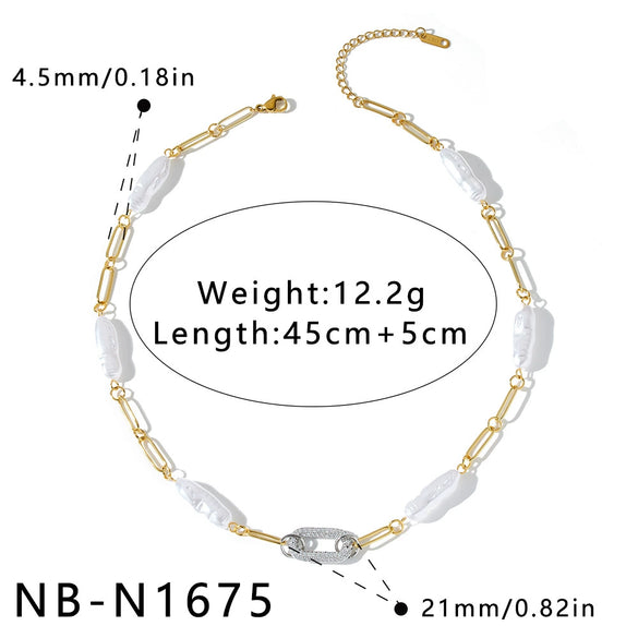 Women's 18K Vacuum Plated Stainless Steel Geometric Necklace With Regular Chain And Elegant Rhinestone Pearl Style