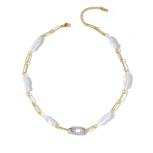 Women's 18K Vacuum Plated Stainless Steel Geometric Necklace With Regular Chain And Elegant Rhinestone Pearl Style