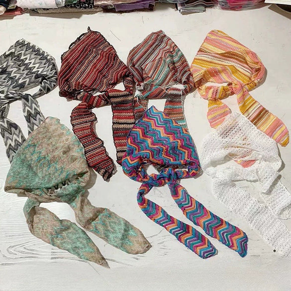 Women's Knitted Hollow Geometric Striped Color Matching Pleated Triangle Scarf Headwear