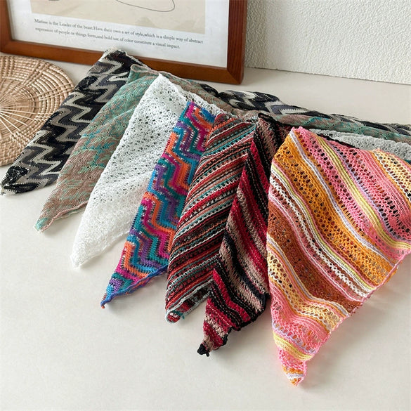 Women's Knitted Hollow Geometric Striped Color Matching Pleated Triangle Scarf Headwear