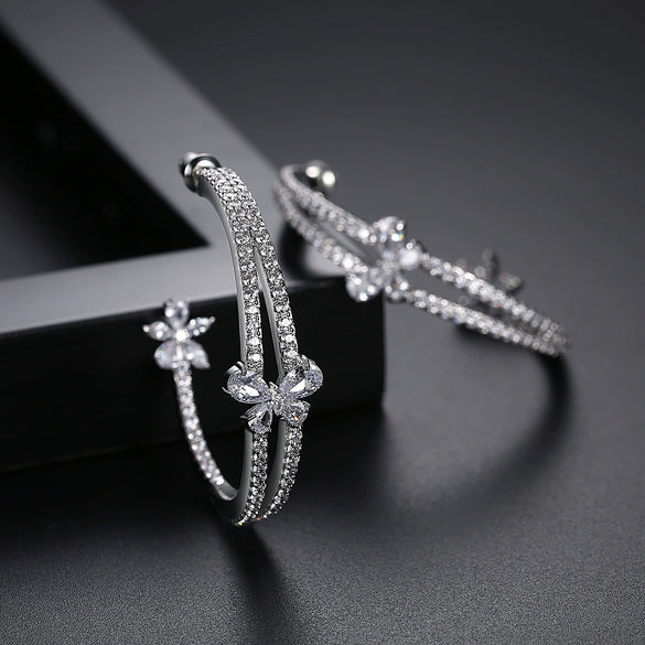 Women's Large Flower Statement Earrings With Zircon Crystal Copper Electroplated Geometric Jewelry
