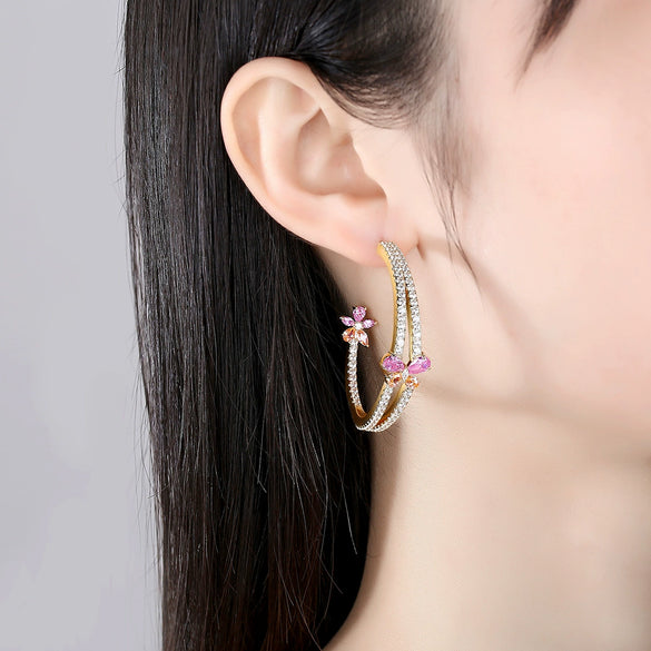 Women's Large Flower Statement Earrings With Zircon Crystal Copper Electroplated Geometric Jewelry