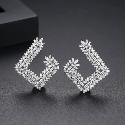 Women's Large Geometric Square Earrings With Full Zircon Embellishment Electroplated Copper Statement Jewelry For Banquets