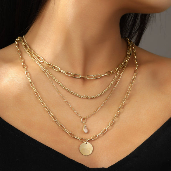 Women's Layered Alloy Chain Necklace With Geometric Round And Teardrop Pendants Electroplated Fashion Jewelry