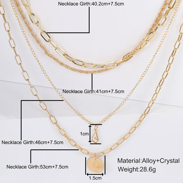 Women's Layered Alloy Chain Necklace With Geometric Round And Teardrop Pendants Electroplated Fashion Jewelry