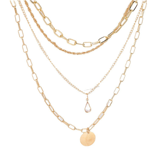 Women's Layered Alloy Chain Necklace With Geometric Round And Teardrop Pendants Electroplated Fashion Jewelry
