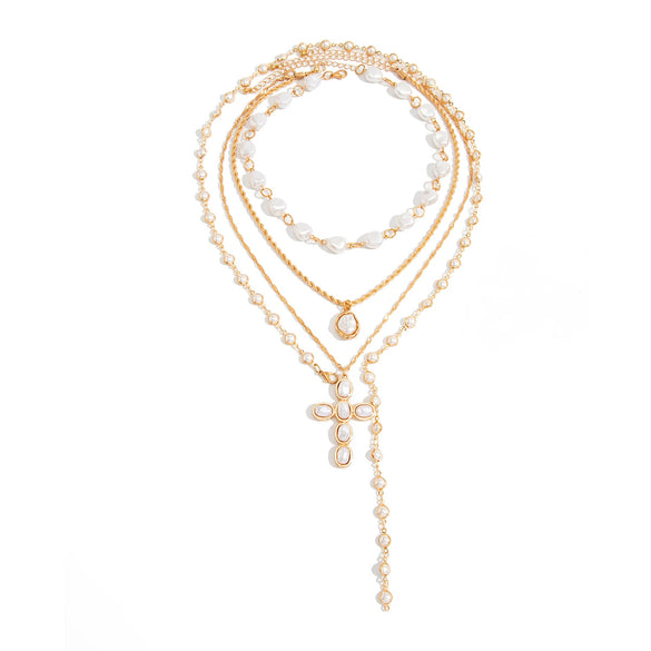 Women's Layered Faux Pearl Chain Necklace Set With Geometric Alloy Cross Pendant And Plated Collarbone Jewelry