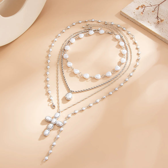 Women's Layered Faux Pearl Chain Necklace Set With Geometric Alloy Cross Pendant And Plated Collarbone Jewelry