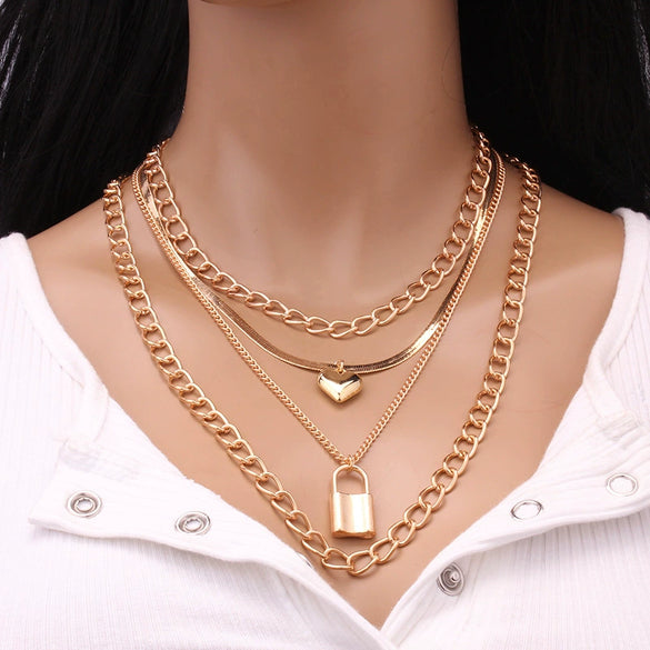 Women's Layered Heart Padlock Necklace Set With Detachable Horse Whip Chain And Glossy Electroplated Alloy Design