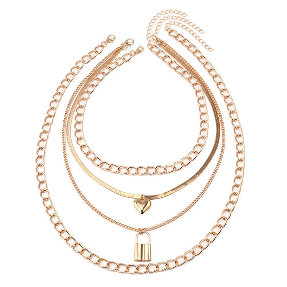 Women's Layered Heart Padlock Necklace Set With Detachable Horse Whip Chain And Glossy Electroplated Alloy Design
