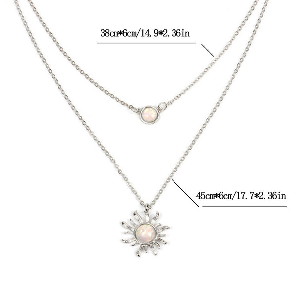 Women's Layered Opal Sunflower Necklace With Geometric Alloy Bamboo Chain And Electroplated Finish