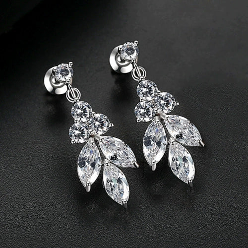 Women's Leaf Pendant Earrings With Microinlaid Zircon Accents Electroplated Copper Elegant Fashion Jewelry
