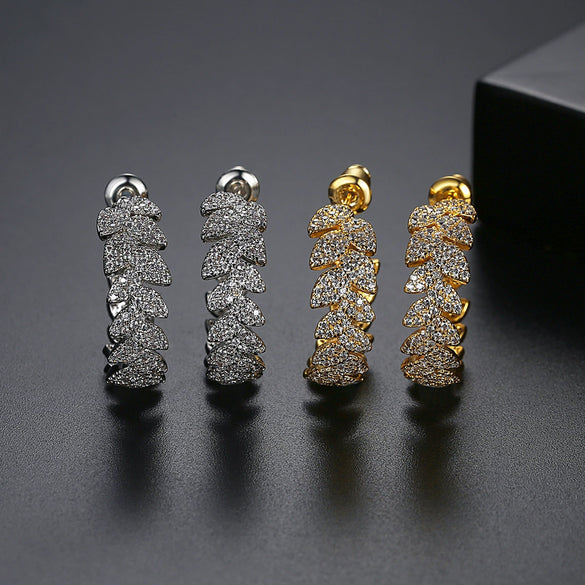 Women's Leafshaped Copper Earrings With Microinlaid Zircon And Full Sparkling Stone Embellishment