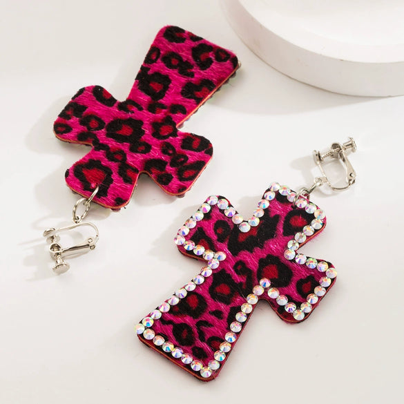 Women's Leather Leopard Cross Exaggerated Geometric Earrings