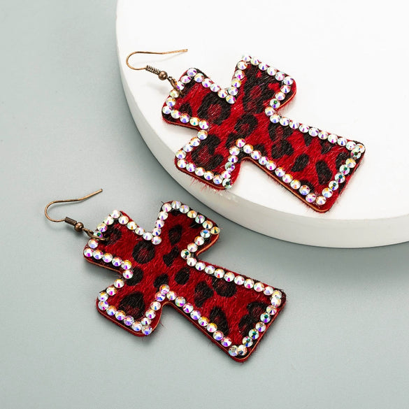 Women's Leather Leopard Cross Exaggerated Geometric Earrings