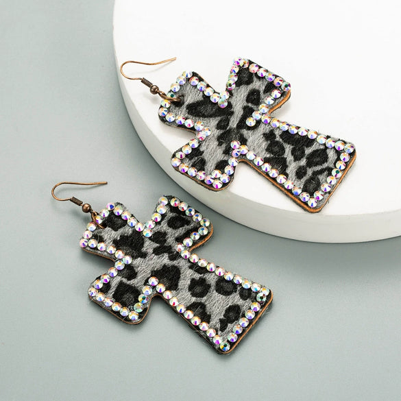 Women's Leather Leopard Cross Exaggerated Geometric Earrings