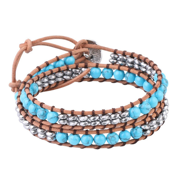Women's Leather Woven Multilayer Wrap Bracelet With Mixed Turquoise Beads Synthetic Stone And Copper Accessories Minimalist Style