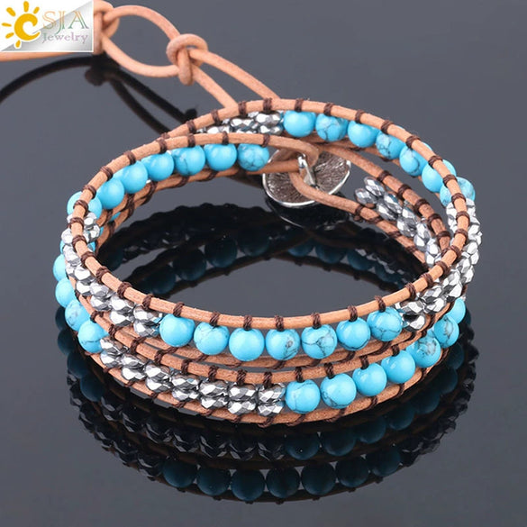 Women's Leather Woven Multilayer Wrap Bracelet With Mixed Turquoise Beads Synthetic Stone And Copper Accessories Minimalist Style