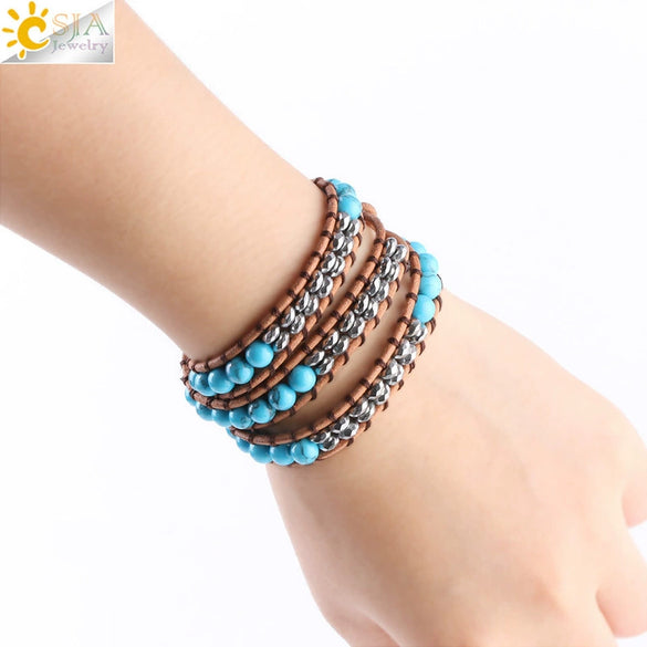 Women's Leather Woven Multilayer Wrap Bracelet With Mixed Turquoise Beads Synthetic Stone And Copper Accessories Minimalist Style