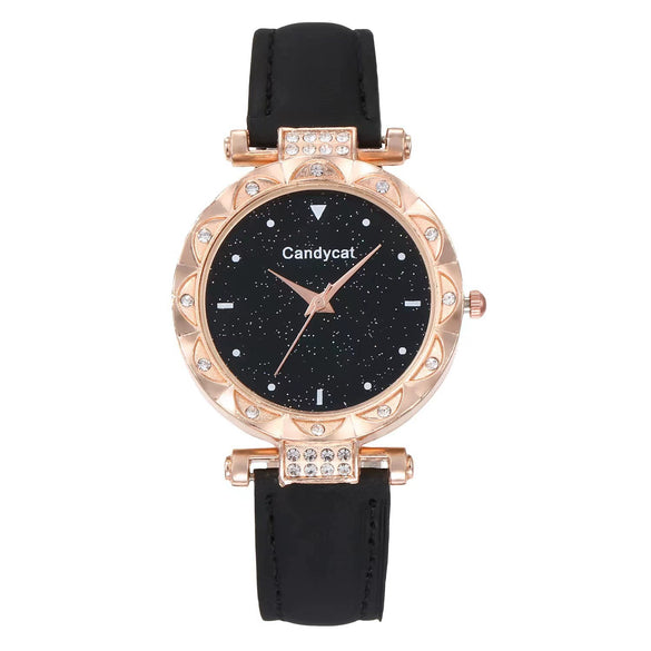 Women's Leisure Alloy And Imitation Leather Round Dial Watch With Ordinary Glass Mirror Spiral Crown And Pin Buckle