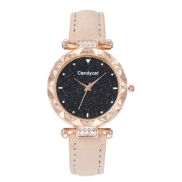 Women's Leisure Alloy And Imitation Leather Round Dial Watch With Ordinary Glass Mirror Spiral Crown And Pin Buckle