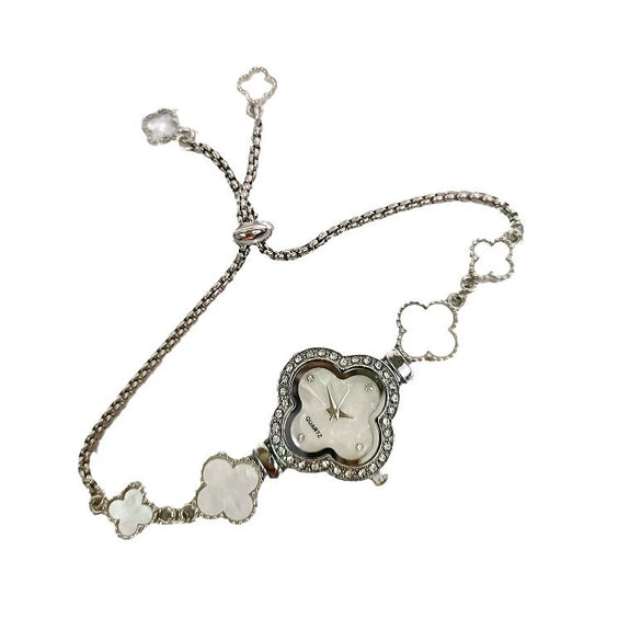 Women's Leisure Alloy And Stainless Steel Fourleaf Clover Flower Shape Diamondencrusted Quartz Bracelet Watch