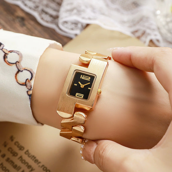 Women's Leisure Alloy And Stainless Steel Square And Round Dial Watch With Wave Curve Design