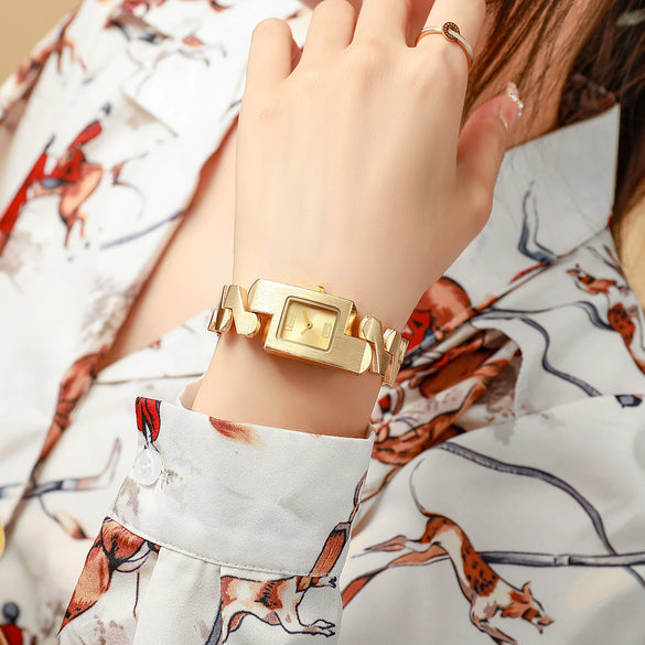 Women's Leisure Alloy And Stainless Steel Square And Round Dial Watch With Wave Curve Design
