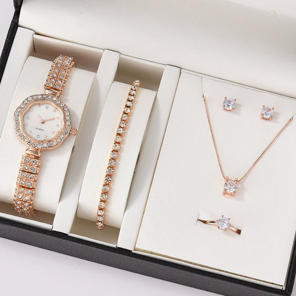 Women's Leisure Alloy Band Quartz Watch Set With Round Dial