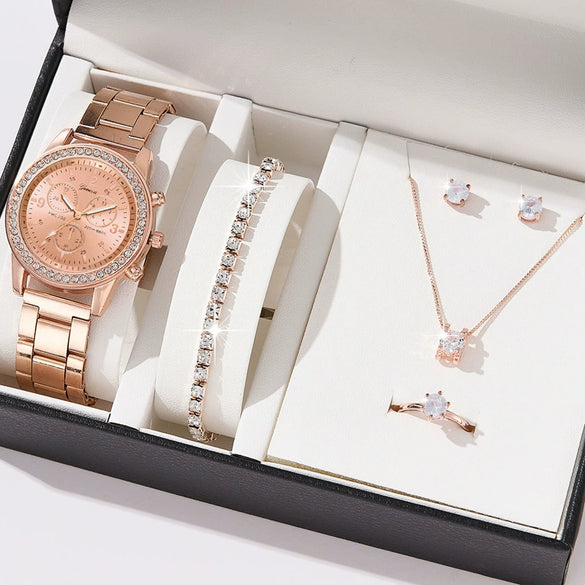 Women's Leisure Alloy Band Quartz Watch Set With Round Dial