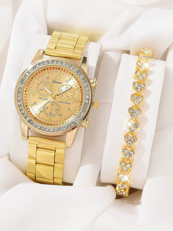 Women's Leisure Alloy Band Quartz Watch Set With Round Dial