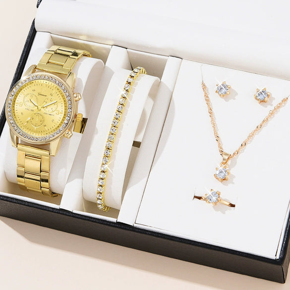 Women's Leisure Alloy Band Quartz Watch Set With Round Dial