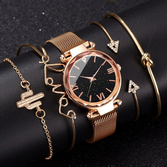 Women's Leisure Alloy Band Round Dial Starry Sky Roman Face Watch Set