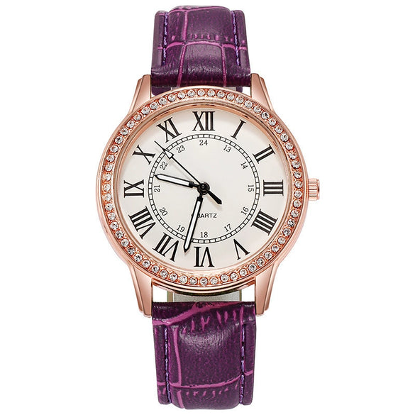 Women's Leisure Alloy Imitation Leather Belt Round Dial Quartz Watch With Diamondencrusted Luminous Design And Stainless Steel Buckle