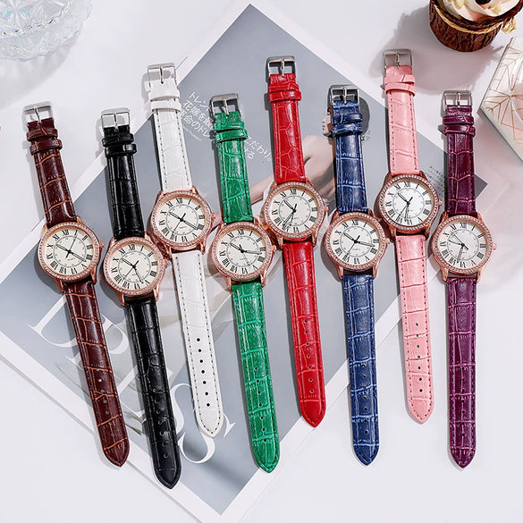 Women's Leisure Alloy Imitation Leather Belt Round Dial Quartz Watch With Diamondencrusted Luminous Design And Stainless Steel Buckle