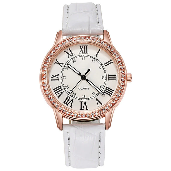Women's Leisure Alloy Imitation Leather Belt Round Dial Quartz Watch With Diamondencrusted Luminous Design And Stainless Steel Buckle