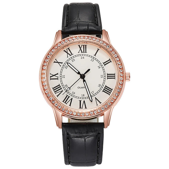 Women's Leisure Alloy Imitation Leather Belt Round Dial Quartz Watch With Diamondencrusted Luminous Design And Stainless Steel Buckle