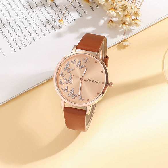 Women's Leisure Alloy Imitation Leather Strap Round Dial Diamond Rhinestone Butterfly Pattern Watch Bracelet
