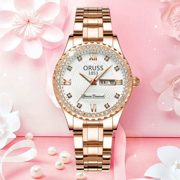 Women's Leisure Automatic Movement Watch With Round Dial Steel Case Fine Steel Strap And Stainless Steel Buckle Genuine Waterproof