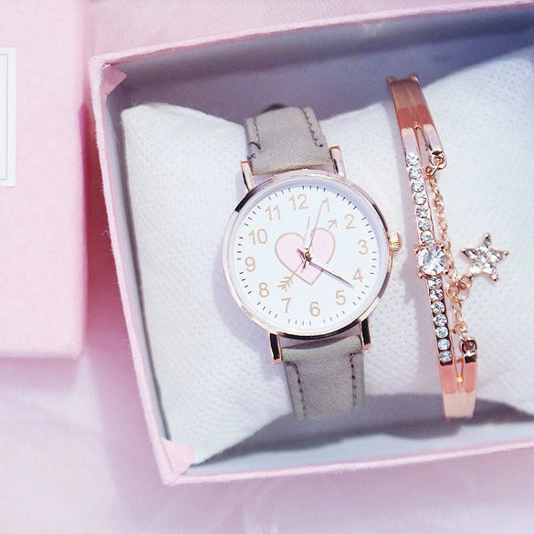 Women's Leisure Cute Heart Shaped Alloy Case Imitation Leather Strap Titanium Buckle Watch