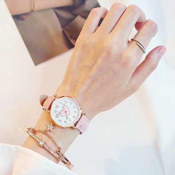 Women's Leisure Cute Heart Shaped Alloy Case Imitation Leather Strap Titanium Buckle Watch