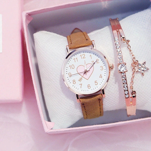 Women's Leisure Cute Heart Shaped Alloy Case Imitation Leather Strap Titanium Buckle Watch
