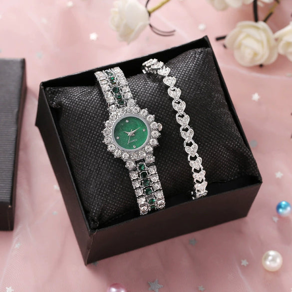 Women's Leisure Diamond Bracelet Watch Twopiece Set Alloy Case Imitation Leather Strap Titanium Metal Clasp Round Dial