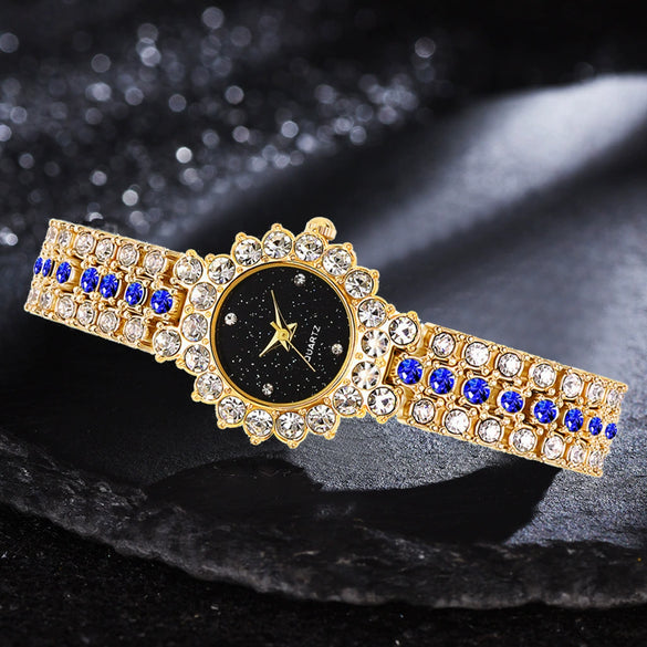 Women's Leisure Diamond Bracelet Watch Twopiece Set Alloy Case Imitation Leather Strap Titanium Metal Clasp Round Dial