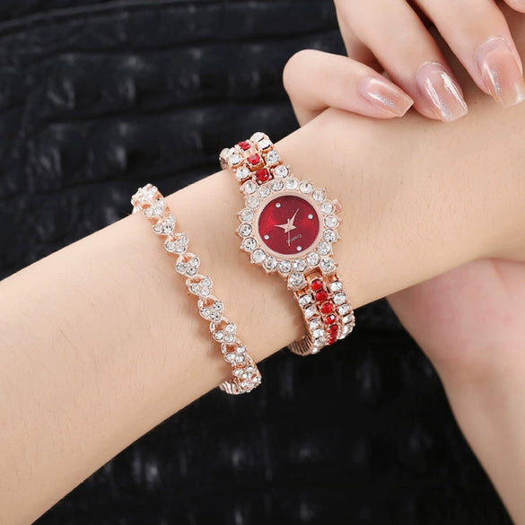 Women's Leisure Diamond Bracelet Watch Twopiece Set Alloy Case Imitation Leather Strap Titanium Metal Clasp Round Dial