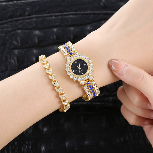 Women's Leisure Diamond Bracelet Watch Twopiece Set Alloy Case Imitation Leather Strap Titanium Metal Clasp Round Dial